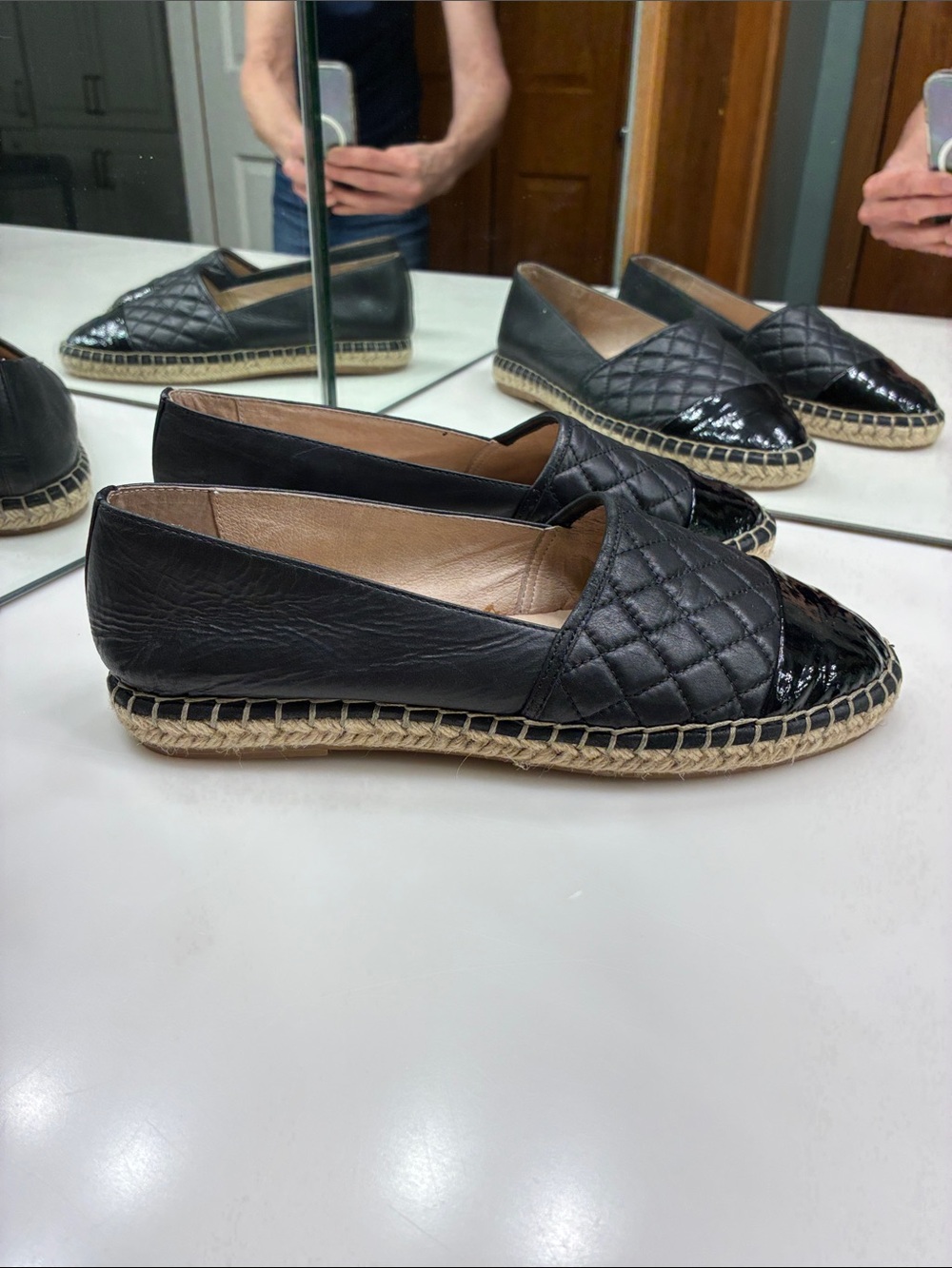 J Slides Black Quilted Leather Espadrille Loafers Size 8